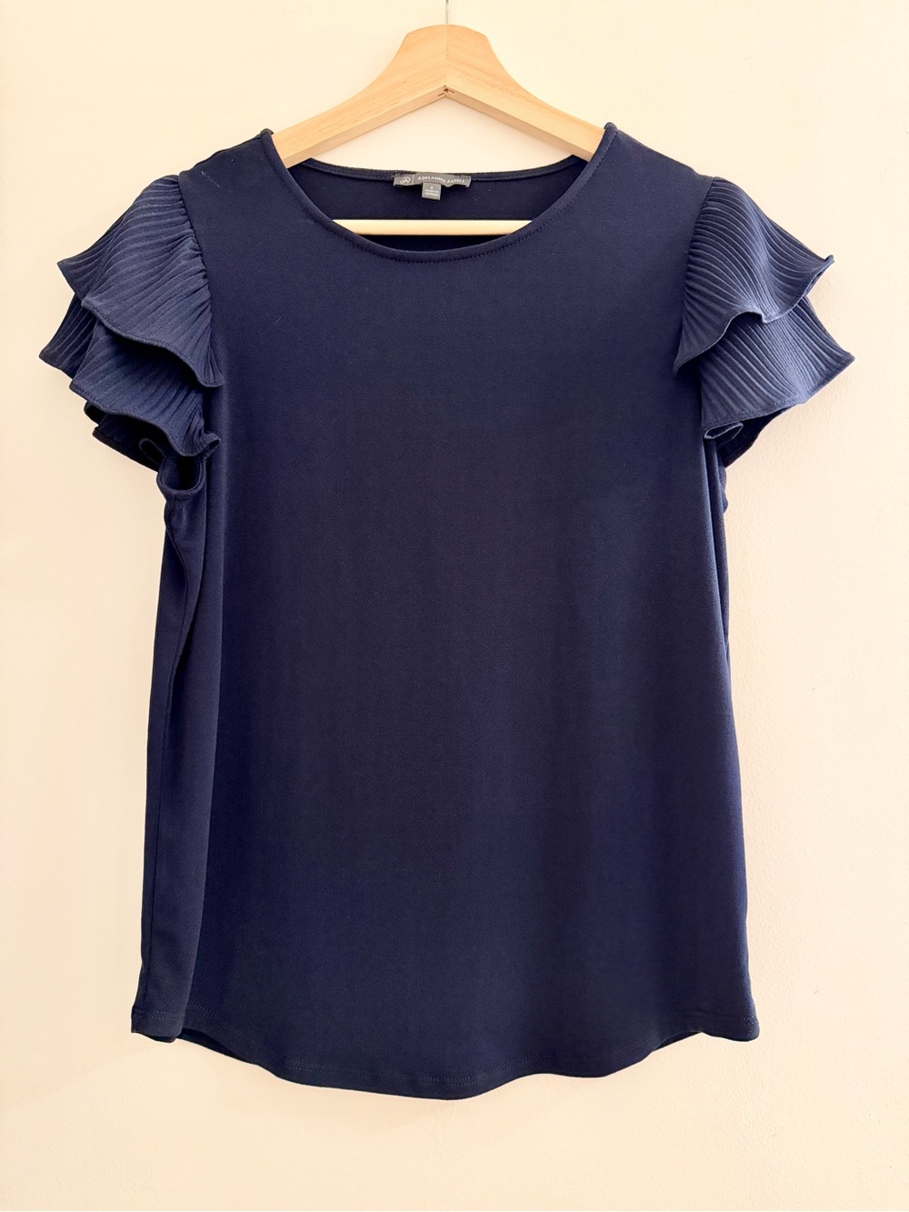 Adrianna Papell Navy Pleated Ruffle Short Sleeve Top Size Small